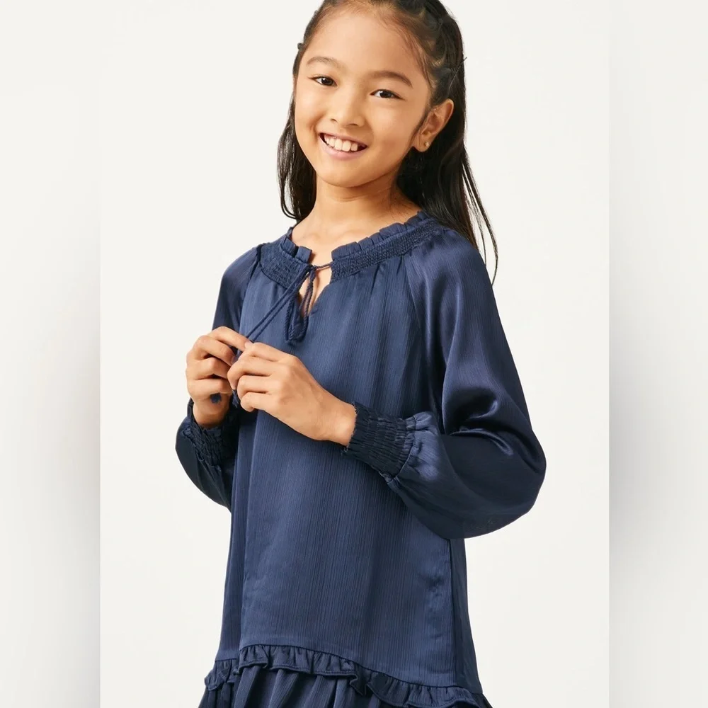 Hayden Girls Smocked Satin Dress Navy Size Large Tie Neck Long Sleeve